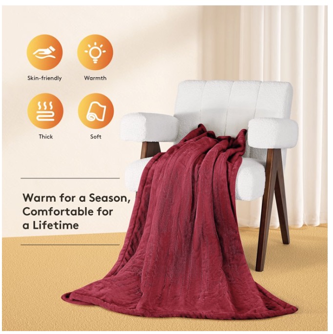 JUSTLET Heated Blanket Throw, 50x60 Double-sided Flannel Electric Blanket, 9 Heat Levels & 2-10 Hours Auto shut-off, over-heat protection, machine washable, Red