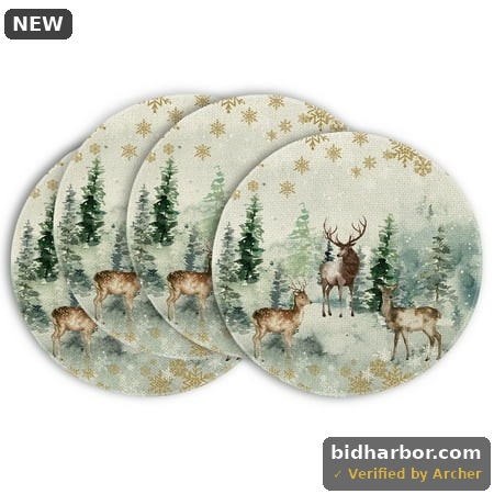 Smile Watercolor Deer and Snowflake Round Christmas Placemats, 15 in, Washable Winter Table Mats