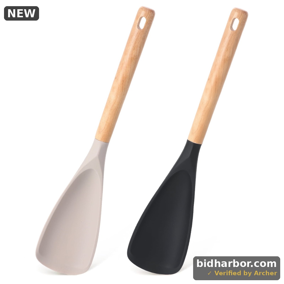 Silicone Cooking Spoons with Wooden Handles and Hanging Hooks, Heat-Resistant, 2-Pack