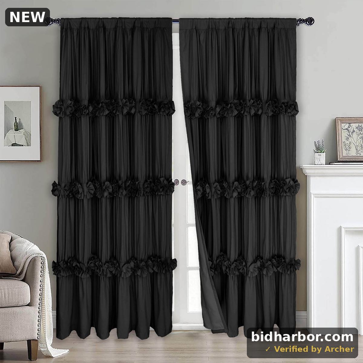 HIG Uptown Modern Black Solid Print Geometric Rod Pocket Blackout Curtains 54 X 84 (2 Panels)