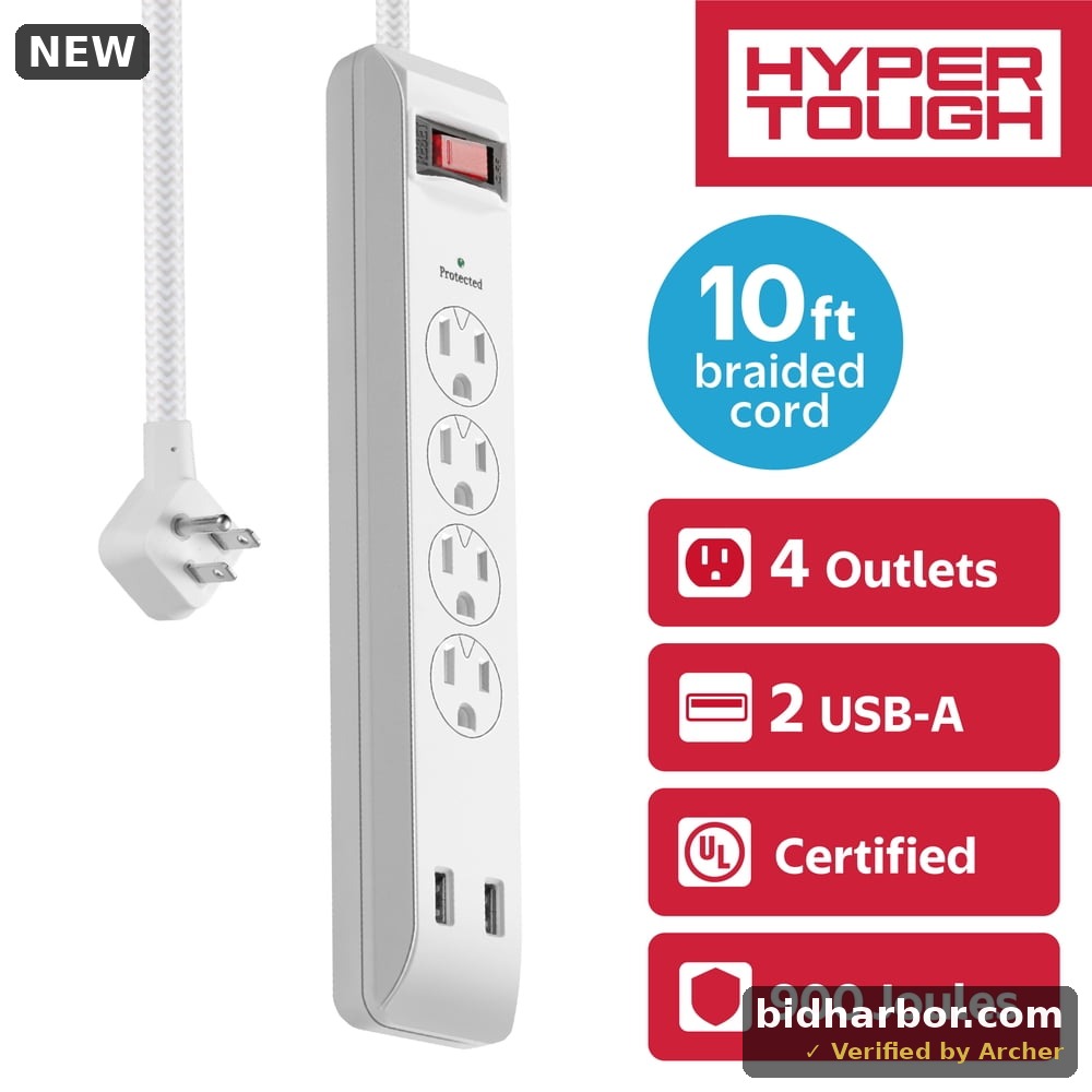 Kingtec Vietnam Hyper Tough Surge Protector Power Strip With USB 4 Outlets 10 Ft Braided Extension Cord White