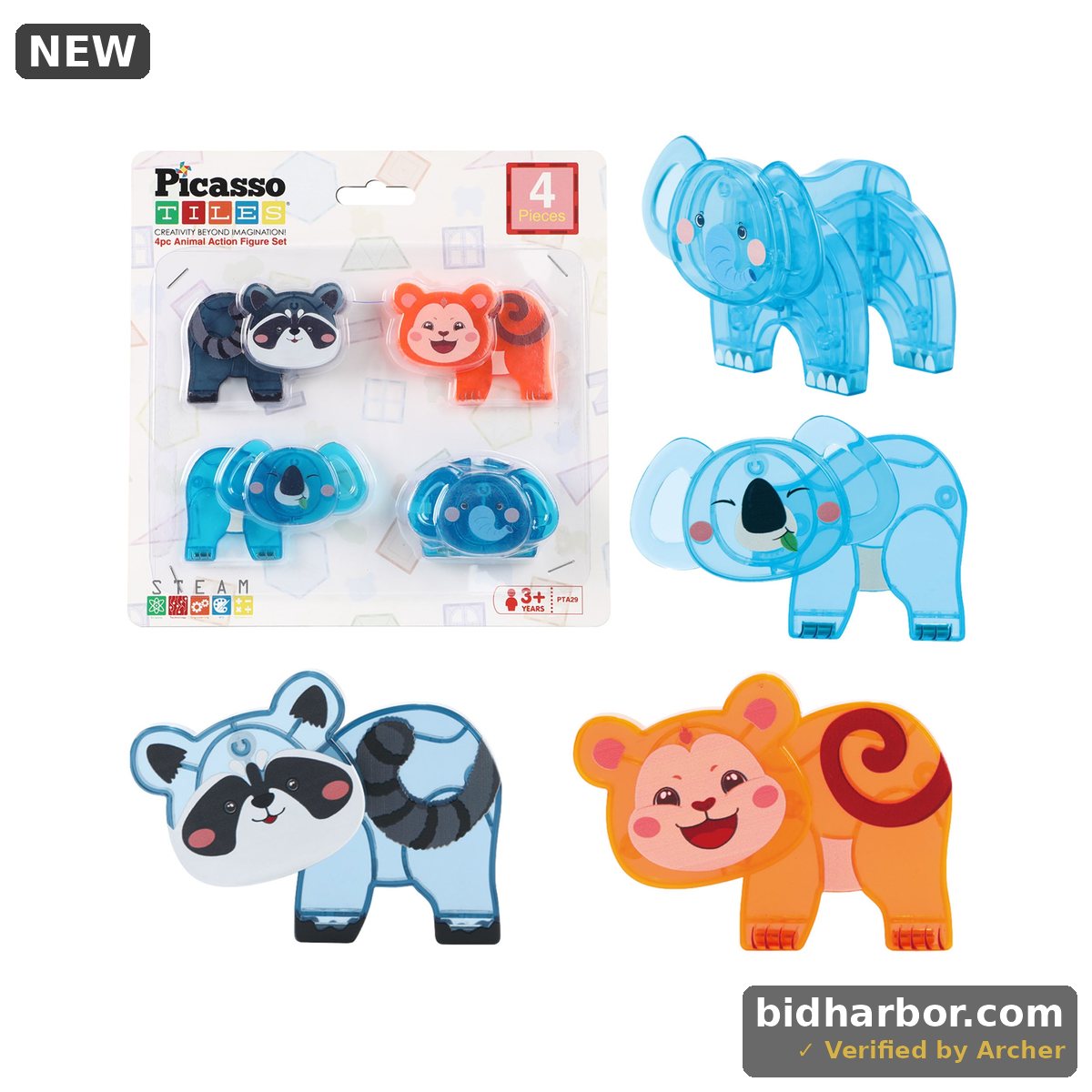 PicassoTiles Magnetic Tile Animal Friends 4-Piece Set, STEM Building Toy, Ages 3+