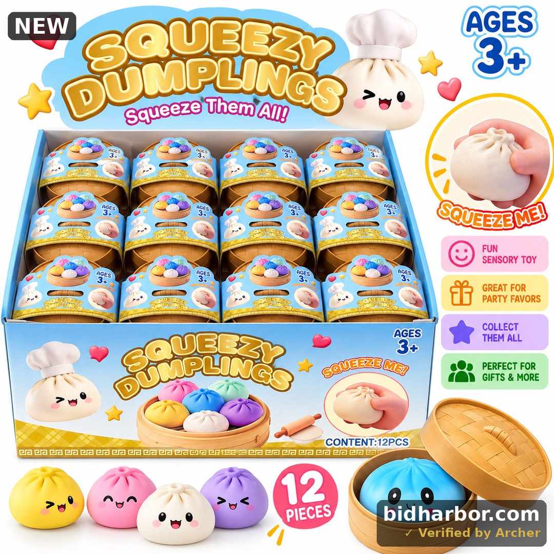 Box of 12 Squeezy Dumplings, Kawaii Squishy Sensory Toys in Steamer Baskets, Assorted Colours, Ages 3+