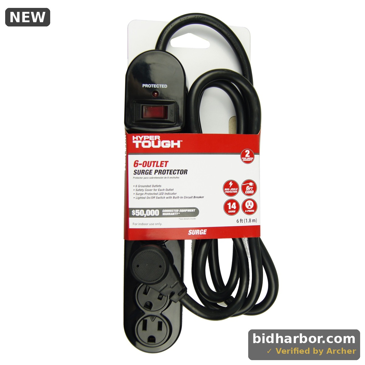 Hyper Tough 6 Outlet 6ft Surge 900-Joule Protection With Glossy Black