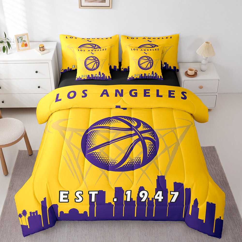 YST 7 Pcs Comforter Set Twin Size Basketball Bed In A Bag With Flat Sheet And Fitted Sheet For Kids And Adults Sports Bedding Set With Pillowcase And Sham Los Angeles
