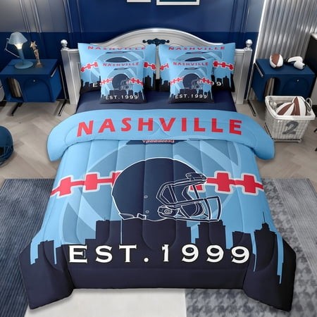 Manfei Rugby City Silhouette Bed in a Bag Twin Size Sports Theme Bed Set Nashville Bedding Twin Size for Teens Ultra Soft Bedroom Decor Reversible 7 P