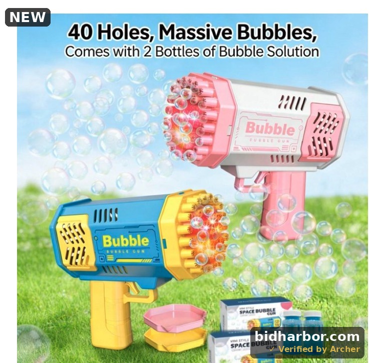 Bubble Gun 2 Pack with Lights, 40-Hole Bubble Blasters for Kids, 4 Bubble Solution Bottles, Blue and Pink