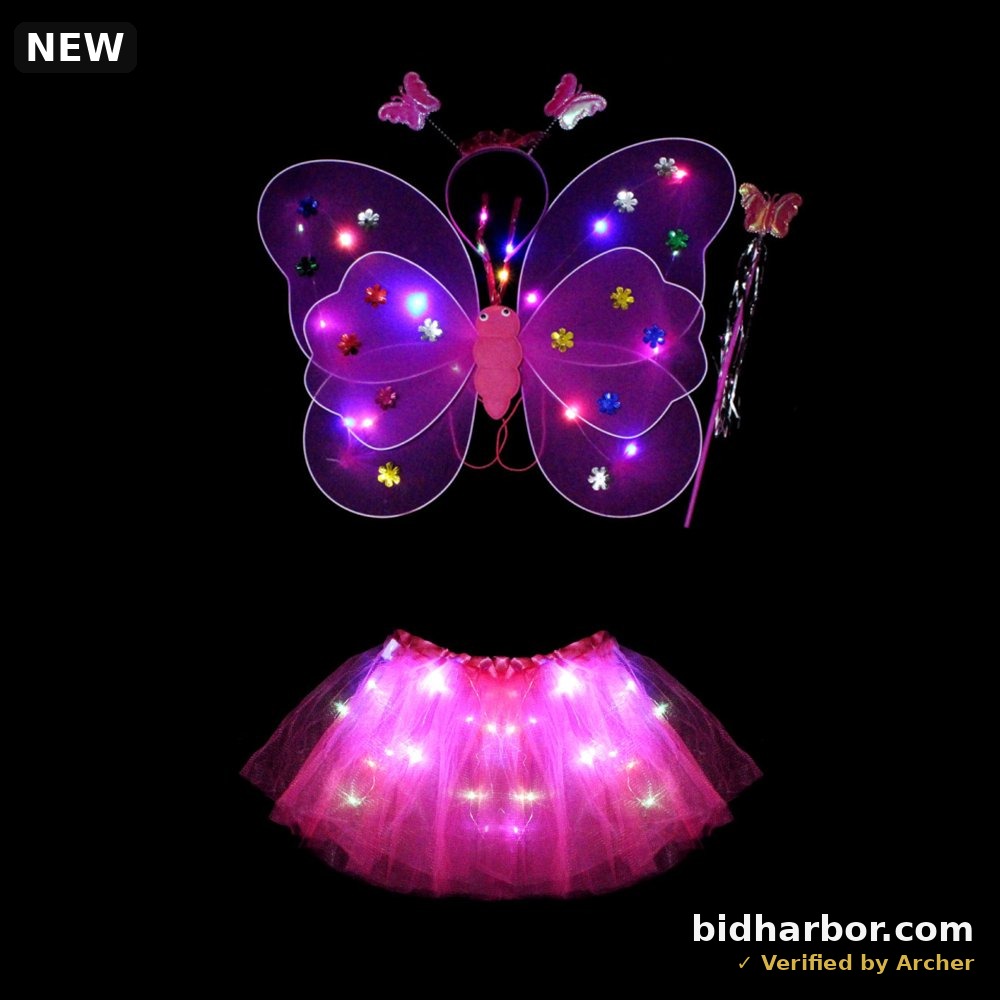 LC-dolida LED Fairy Princess Kids Costume Set, Butterfly Wings, Wand, Headband and Tutu Skirt, Rose Red with Light, One Size (Kids)