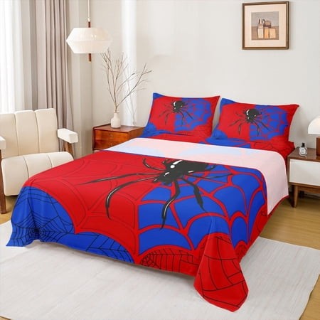 Manfei Spider-Print Twin Sheet Set, Red & Blue, 3 Pieces