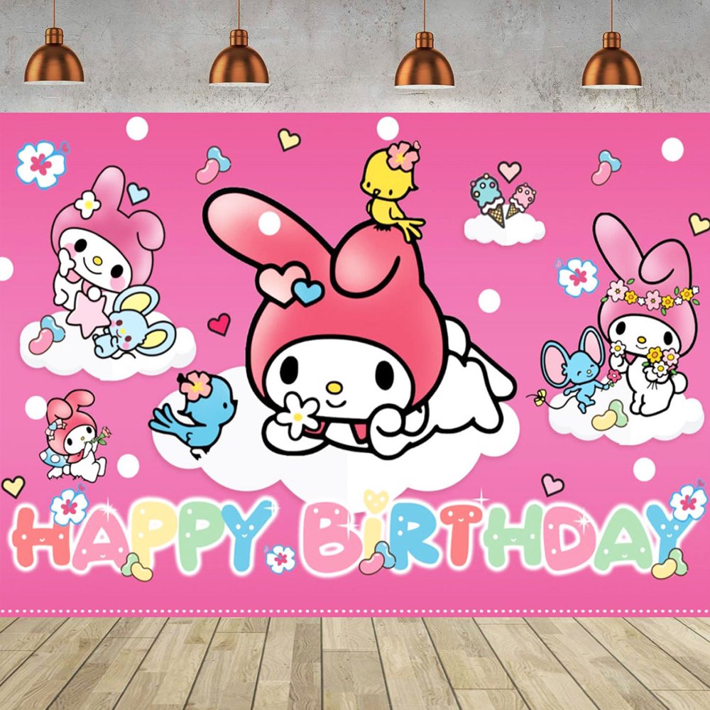 Melody Happy Birthday Anime Cartoon Theme Backdrops Banner Birthday Party Decor Supplies,5.9x3.6ft