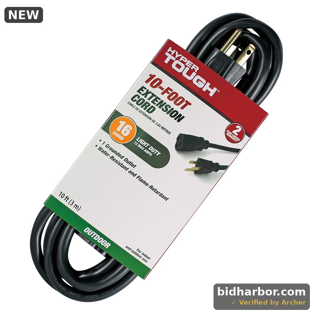 Hyper Tough 10 ft. Grounded Extension Cord, 16 Gauge, Black