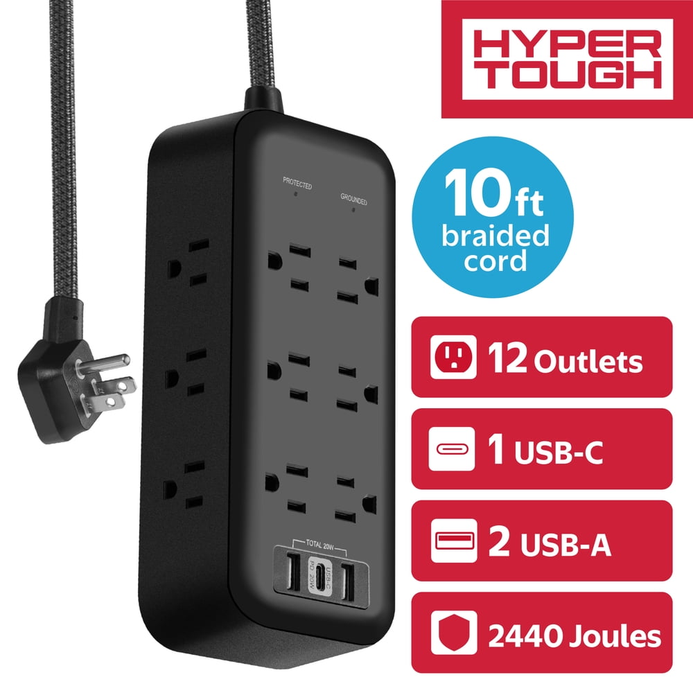Hyper Tough 12-Outlet 3-USB Indoor Surge Protector With 10' Braided Cord, Black