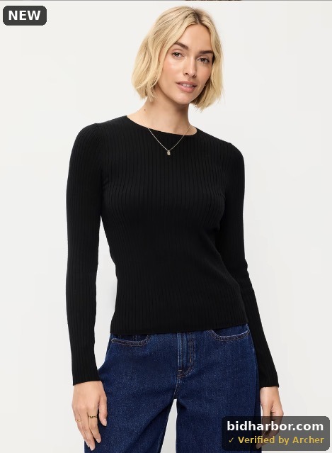 Ribbed Long Sleeve Top, Black, Size XL