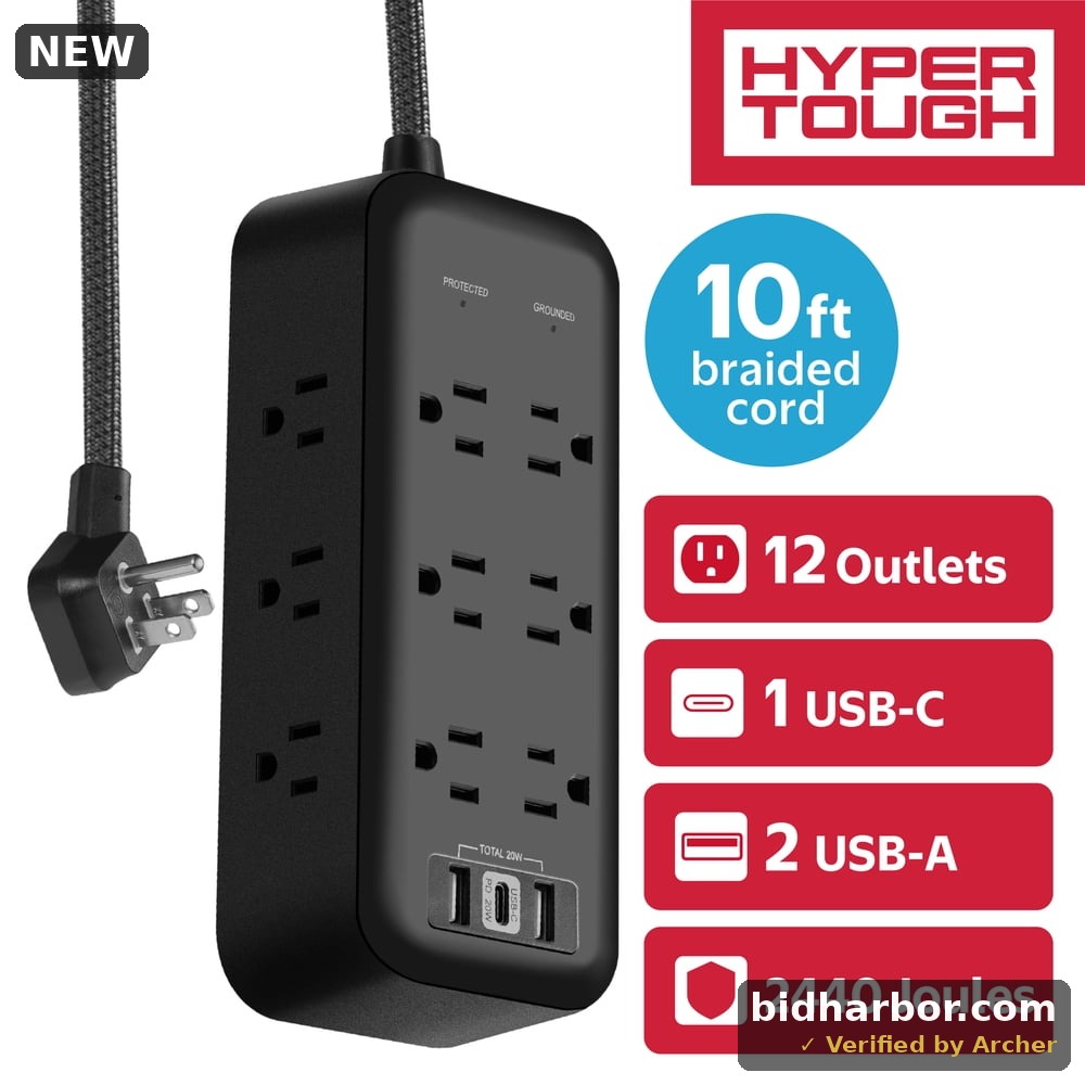 Hyper Tough 12-Outlet 3-USB Indoor Surge Protector With 10' Braided Cord, Black