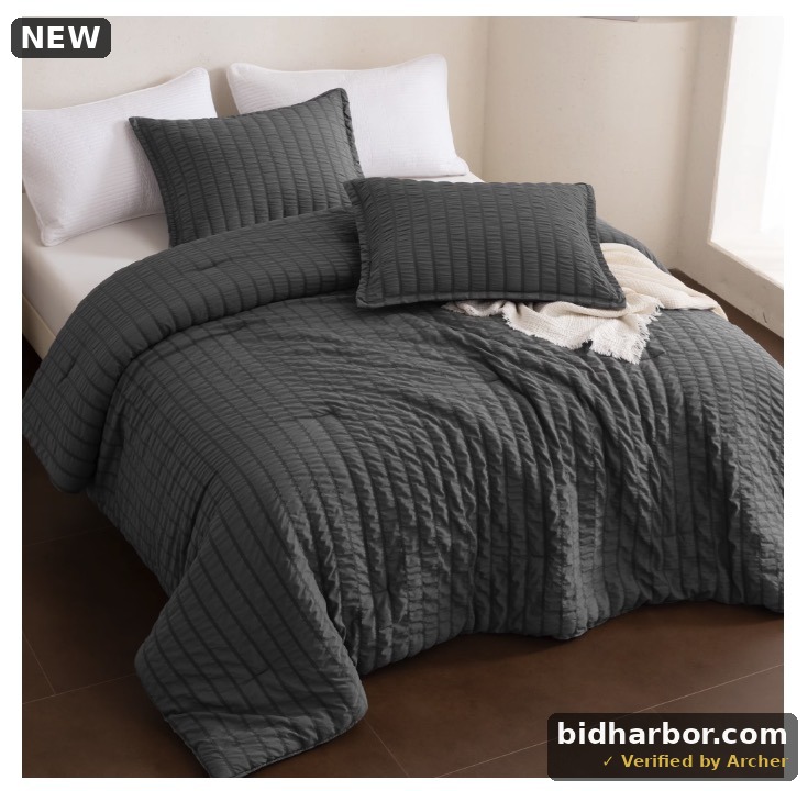 JUSTLET Queen Seersucker Comforter Set with Sheets Dark Grey Bed in a Bag 7-Pieces All Season Bedding Sets with Comforter, Pillow Sham, Flat Sheet, Fitted Sheet, Pillowcase