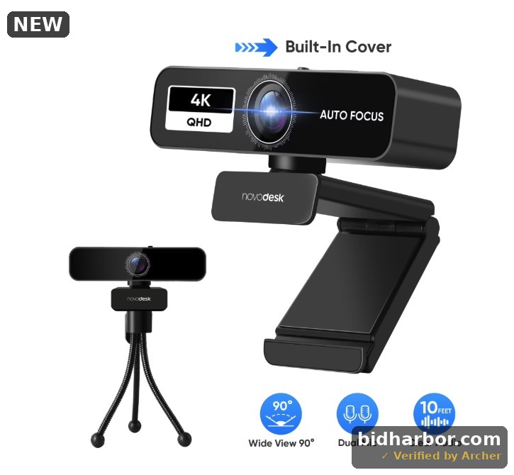 Novodesk 4K Webcam With 2 Microphones，USB Webcam For Desktop And Laptop With Privacy Cover And Webcam Tripod Plug And Play For Conferencing And Video Calling