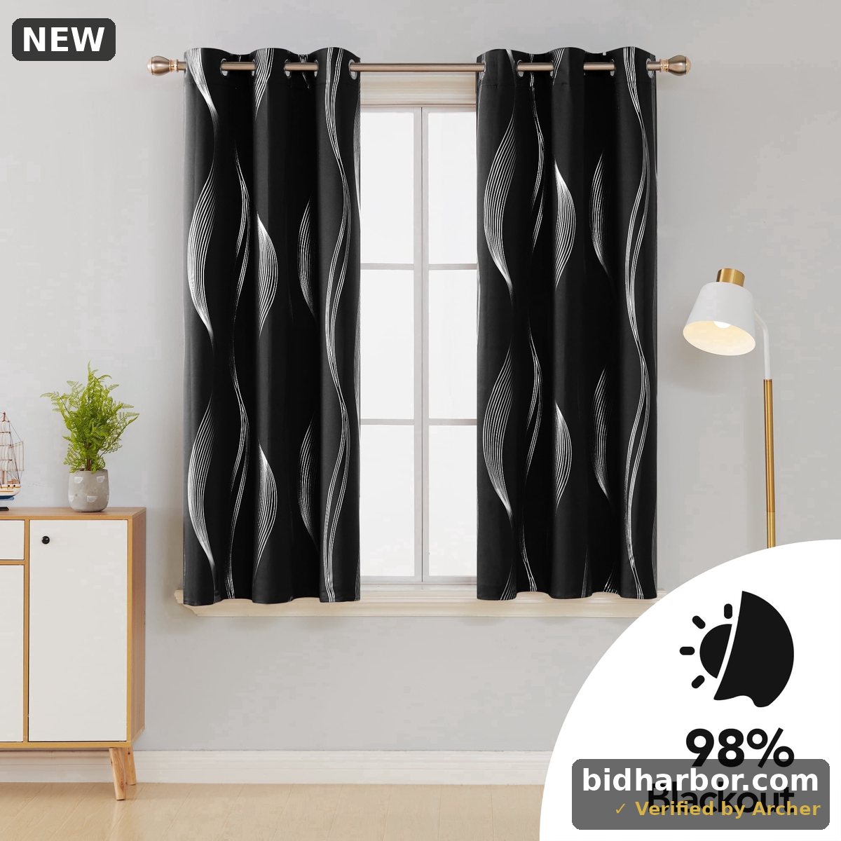 ZOPZO Wave Line Foil-Printed Blackout Curtains, Thermal Insulated Grommet Panels, 42 x 63 in, Set of 2, Black