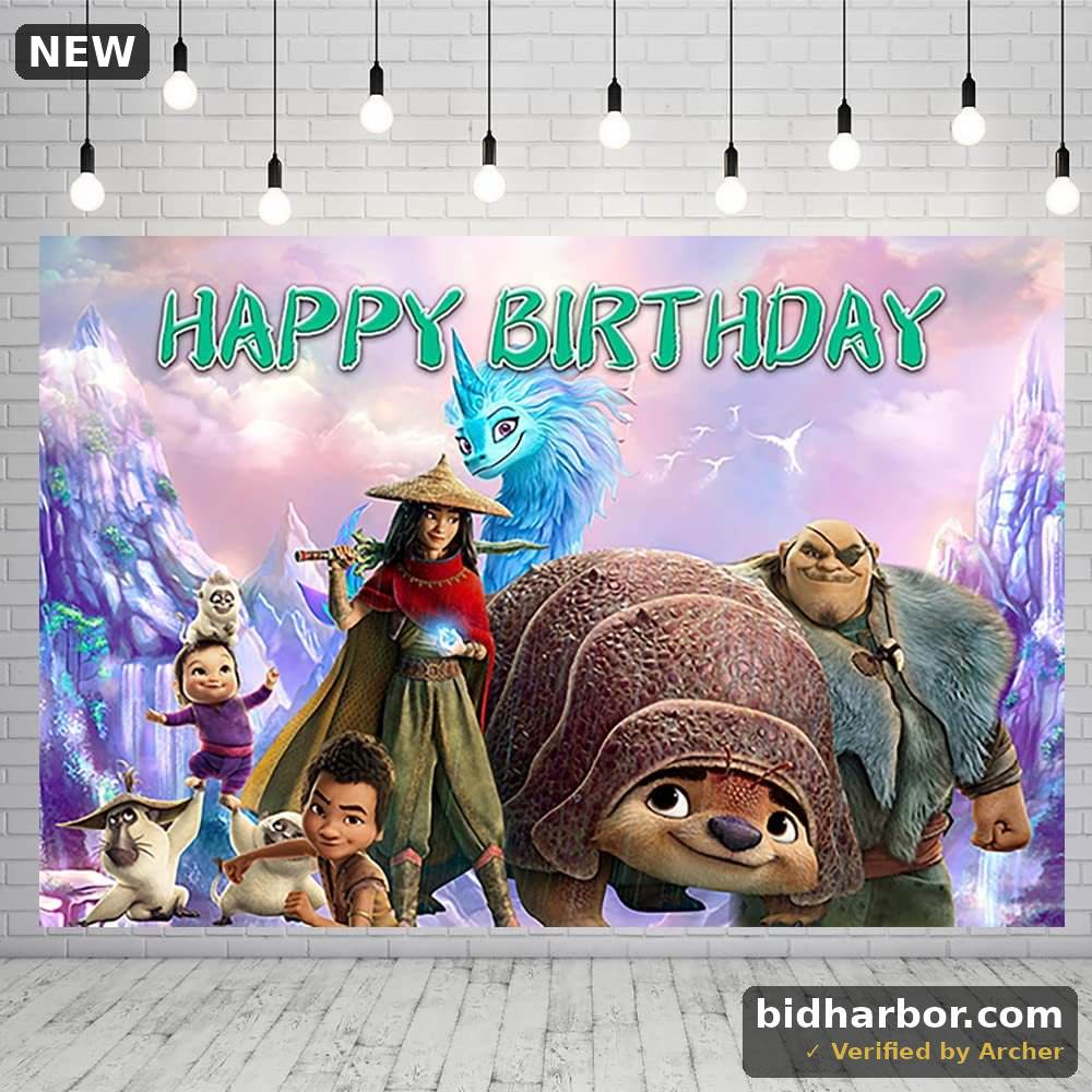 Raya and The Last Dragon Happy Birthday Anime Cartoon Theme Backdrops Banner Birthday Party Decor Supplies,5.9x3.6ft