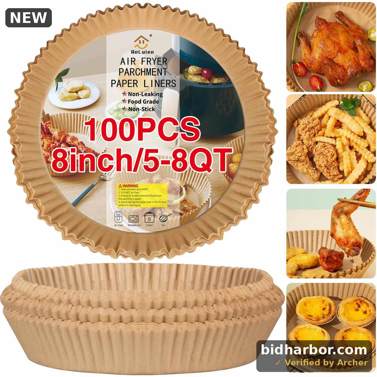 ReLuien 8-Inch Air Fryer Parchment Liners, 100 Count, Fits 5–8 Qt