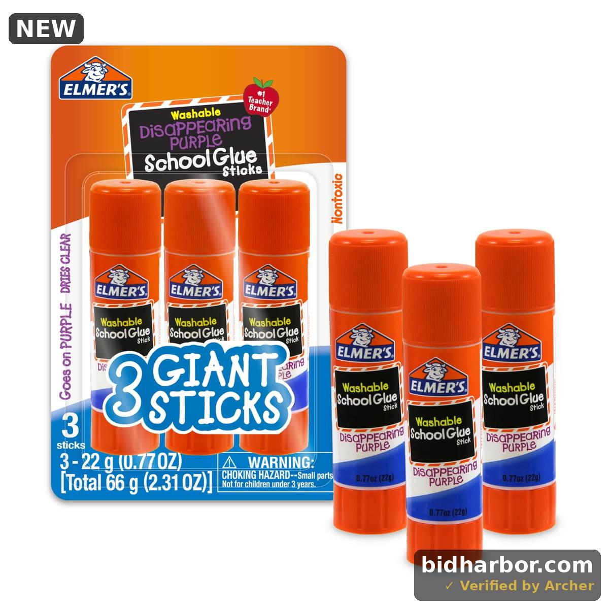 Elmer's Disappearing Purple School Glue Sticks, Washable, 22 Grams, 3 Count - Back to School, Teacher Supplies, #1 Teacher Brand