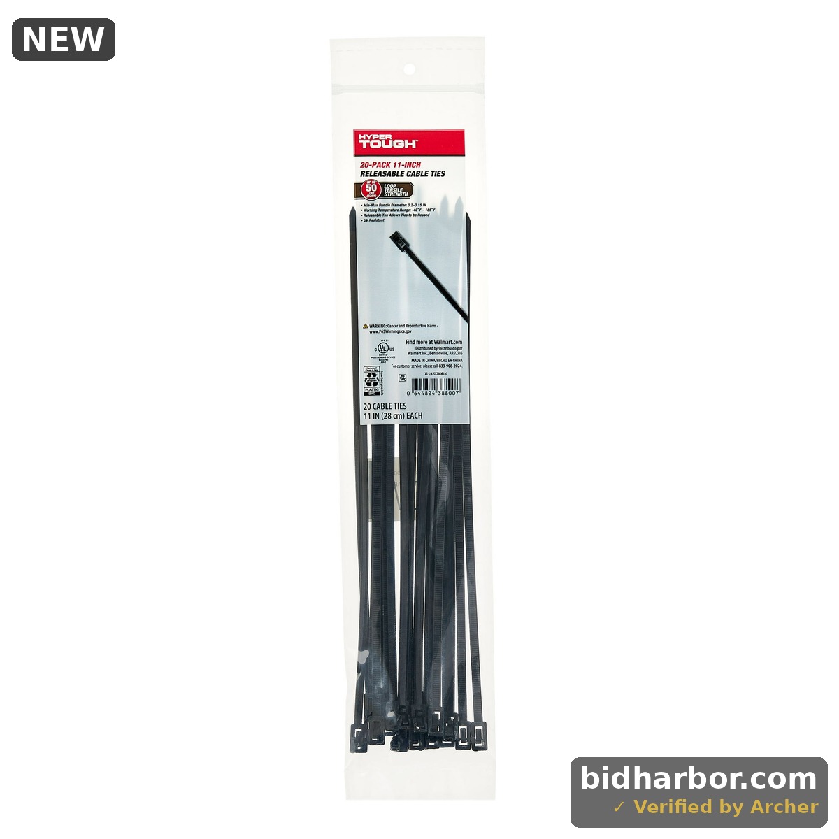 Hyper Tough 11 in Releasable Cable Ties, Black, 20 Count