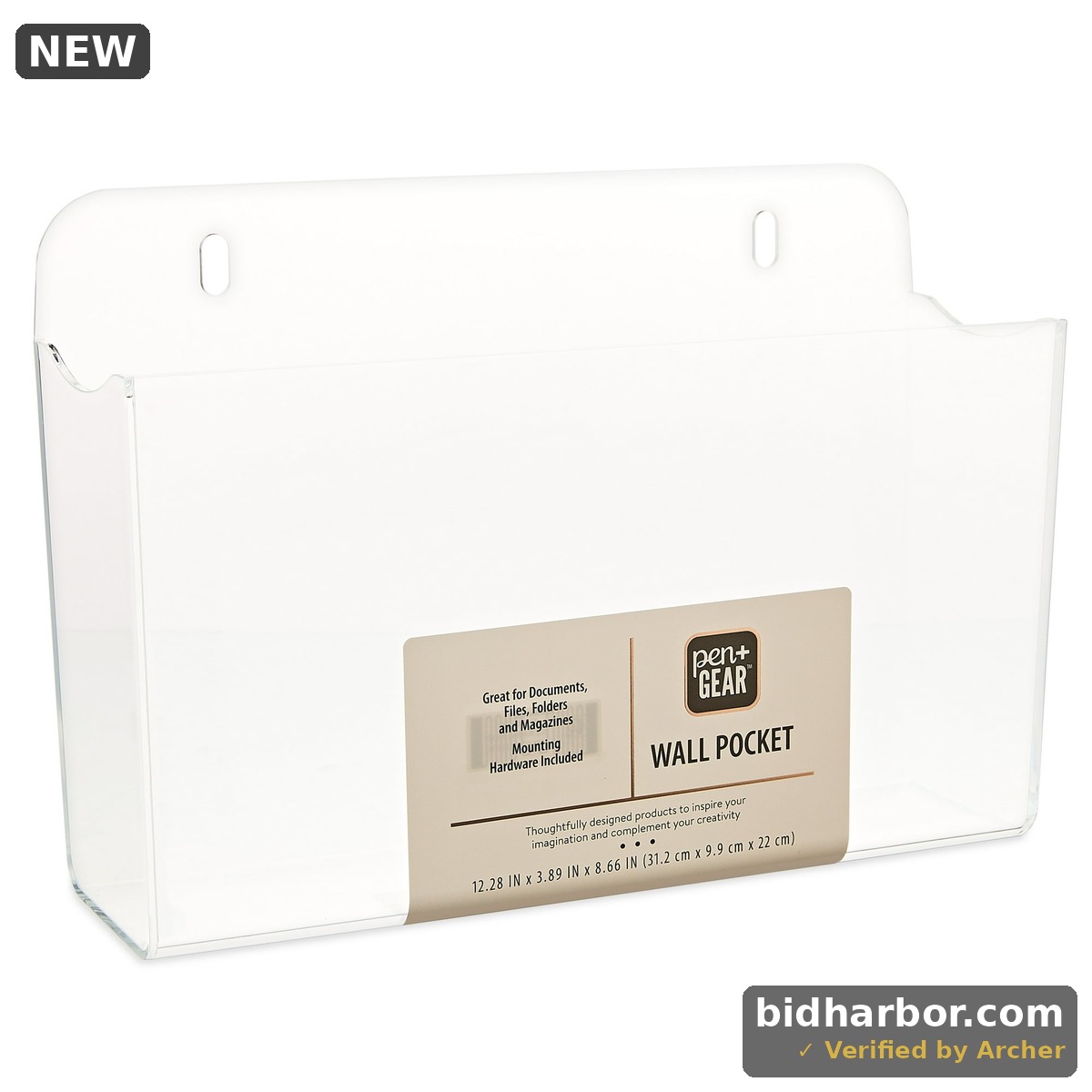 Pen+Gear Acrylic Wall Pocket, 12.28" x 3.89" x 8.66", Clear, File Organizer, Wall Mount