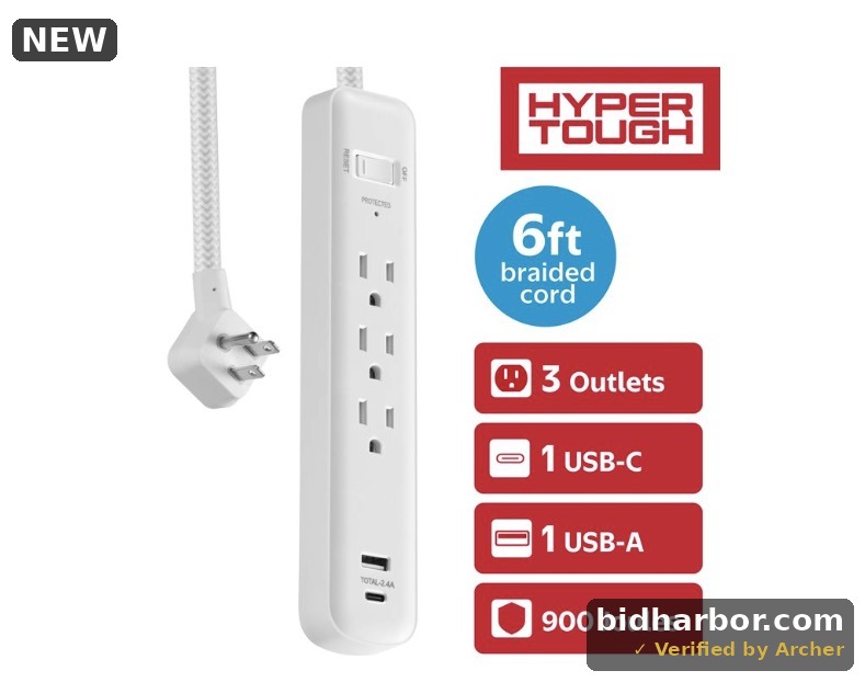 Hyper Tough Surge Protector Power Strip with USB-a & USB-C 3 Outlets 6 Ft Extension Cord White