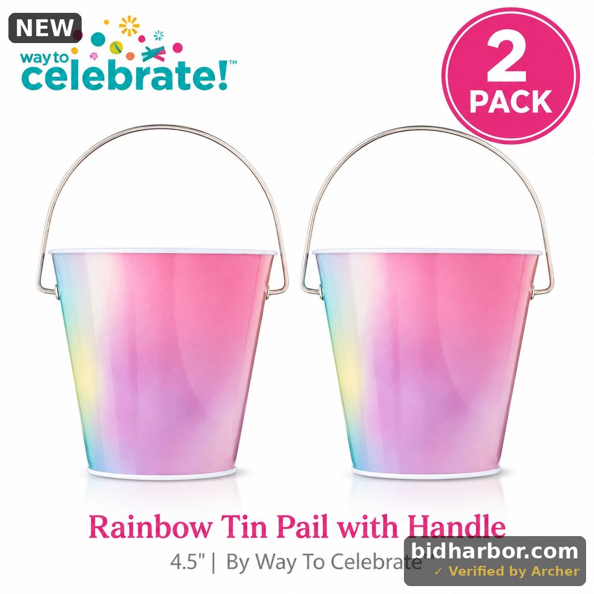 2 Pack - Rainbow Tin Pail with Handle, 4.5", by Way To Celebrate
