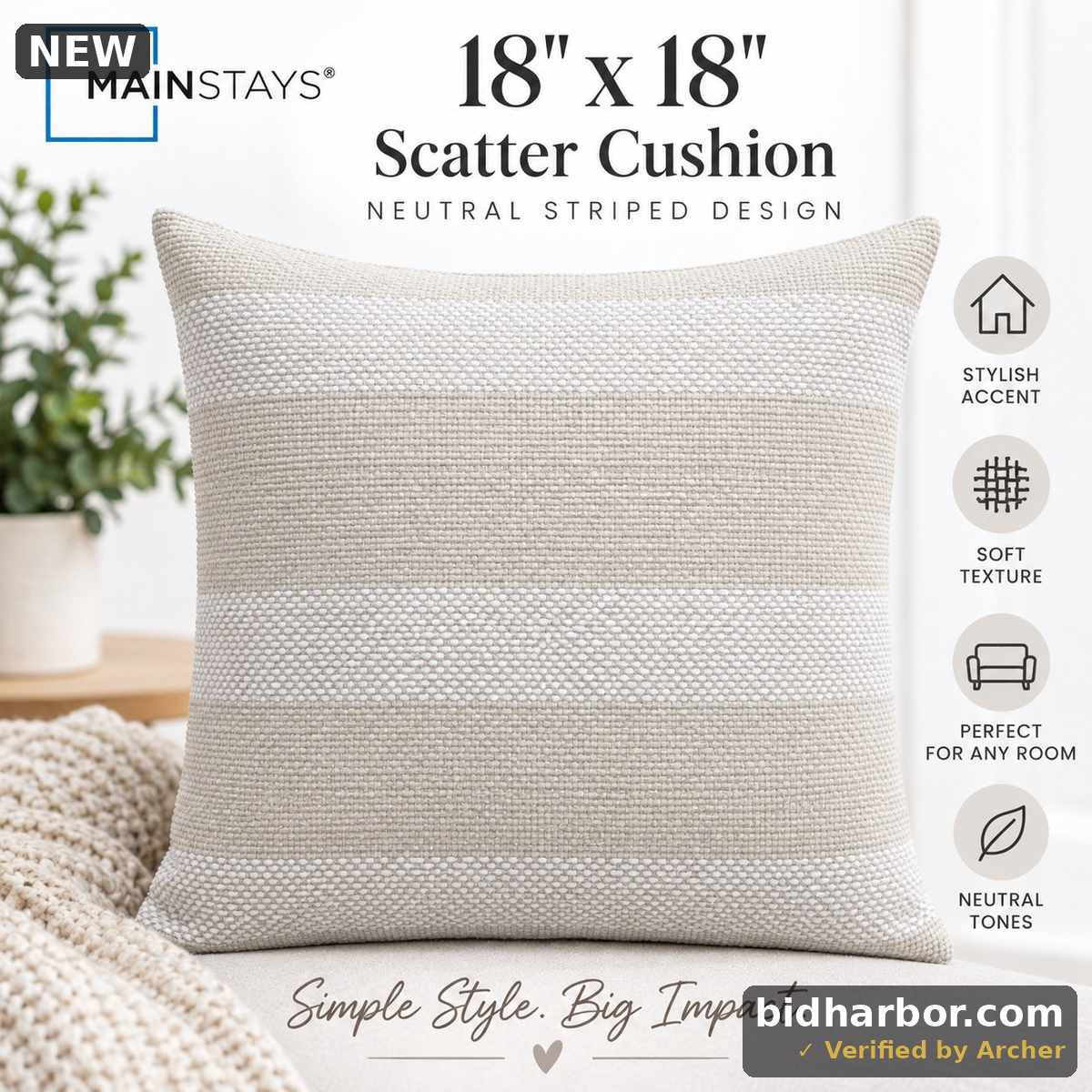 Mainstays 18" x 18" Neutral Striped Textured Scatter Cushion – Soft Beige & Cream Décor Pillow (Quantity 1)