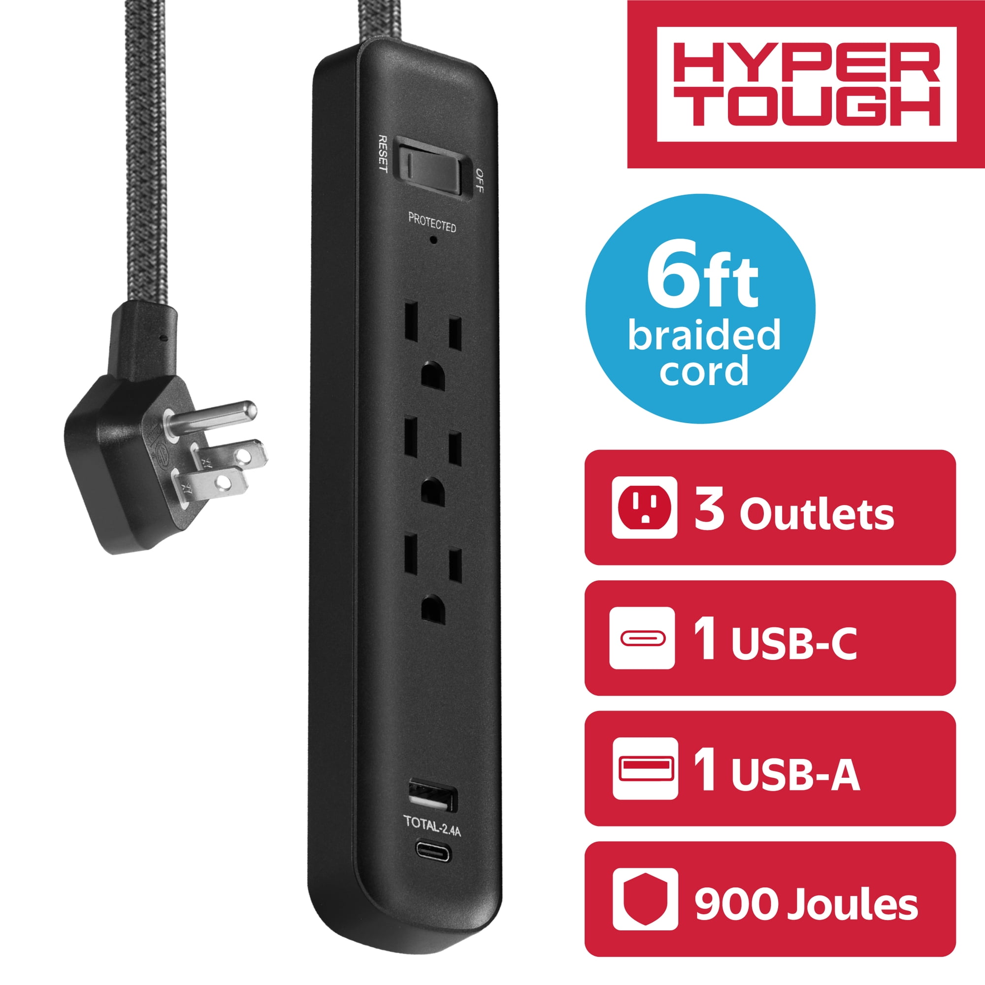 Kingtec Vietnam Hyper Tough 3-Outlet 2-USB Indoor Surge Protector With 6 Braided Cord Black