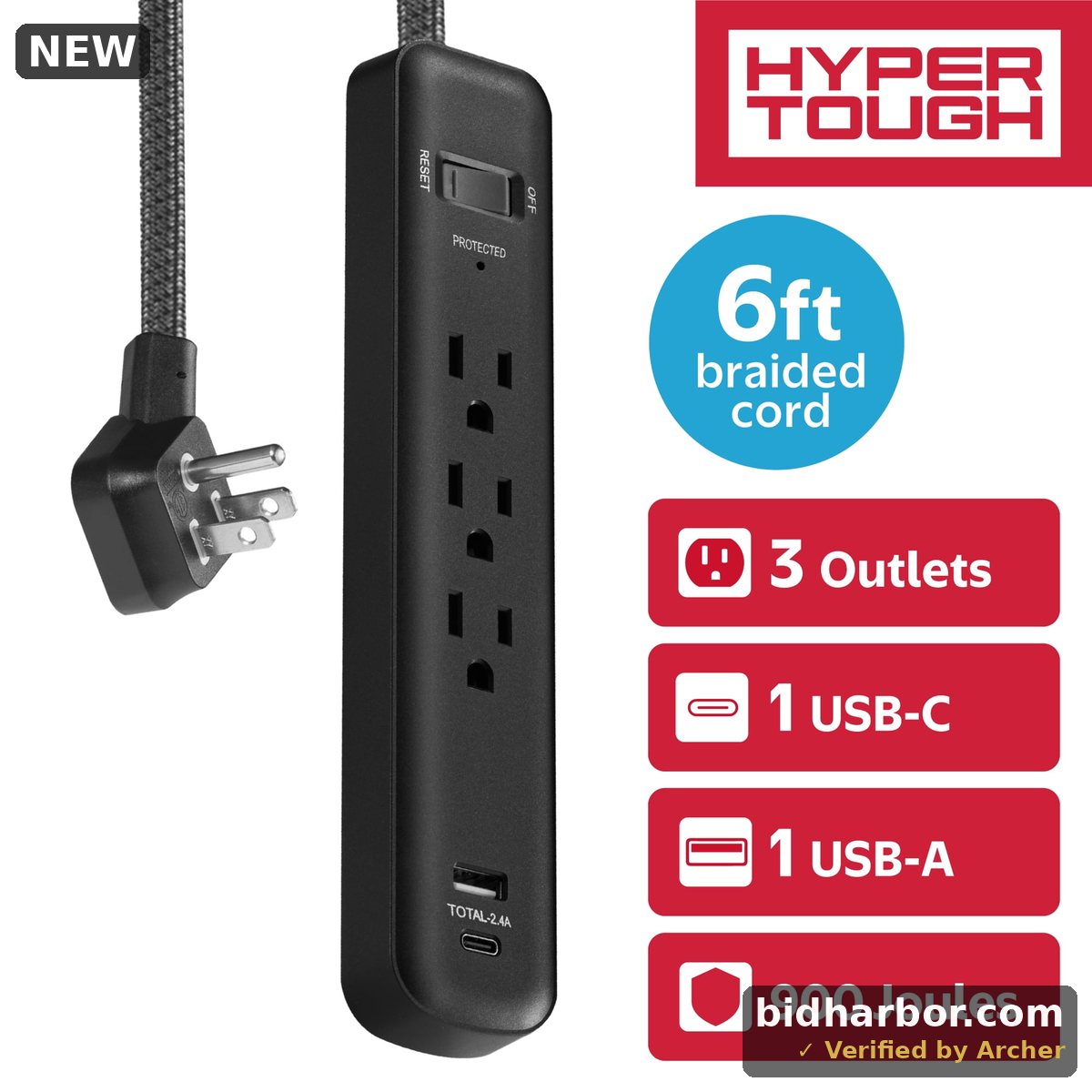 Kingtec Vietnam Hyper Tough 3-Outlet 2-USB Indoor Surge Protector With 6 Braided Cord Black