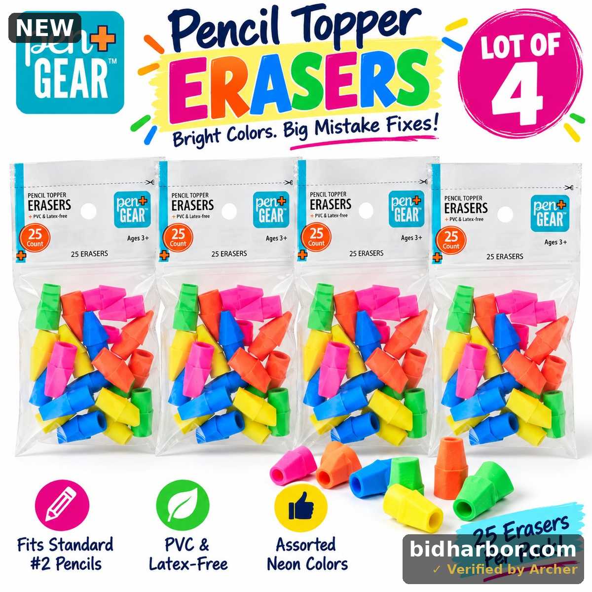 4 Pack - Pen+Gear AND Pencil Topper Erasers, Neon