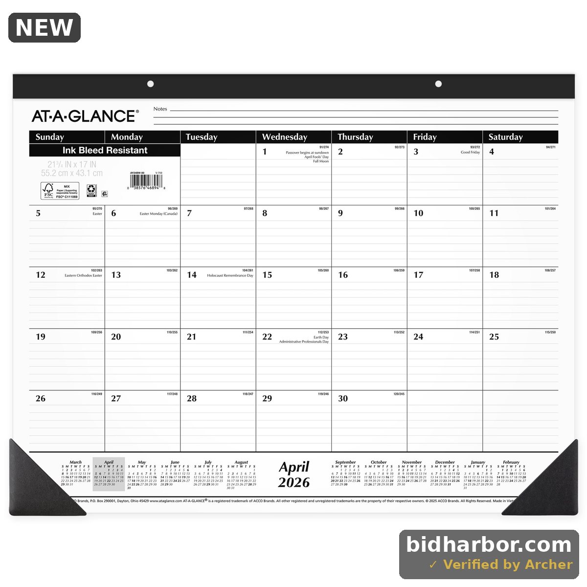 AAG 2026-2027 AT-A-Glance Large Size Academic Monthly Desk Pad Calendar 21.75 X 17 Paper Material