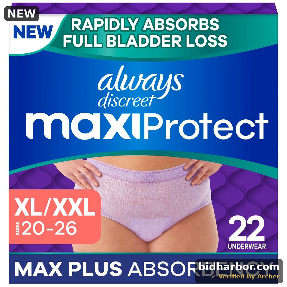 Always Discreet Adult Diapers for Women, MaxiProtect, Incontinence Underwear, Maximum Plus Absorbency, Size XL/XXL, 22 Count