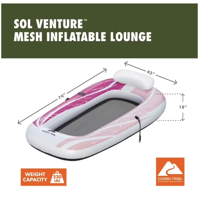 Ozark Trail Sol Venture Pink Mesh Pool and River Single Lounge Float 74"