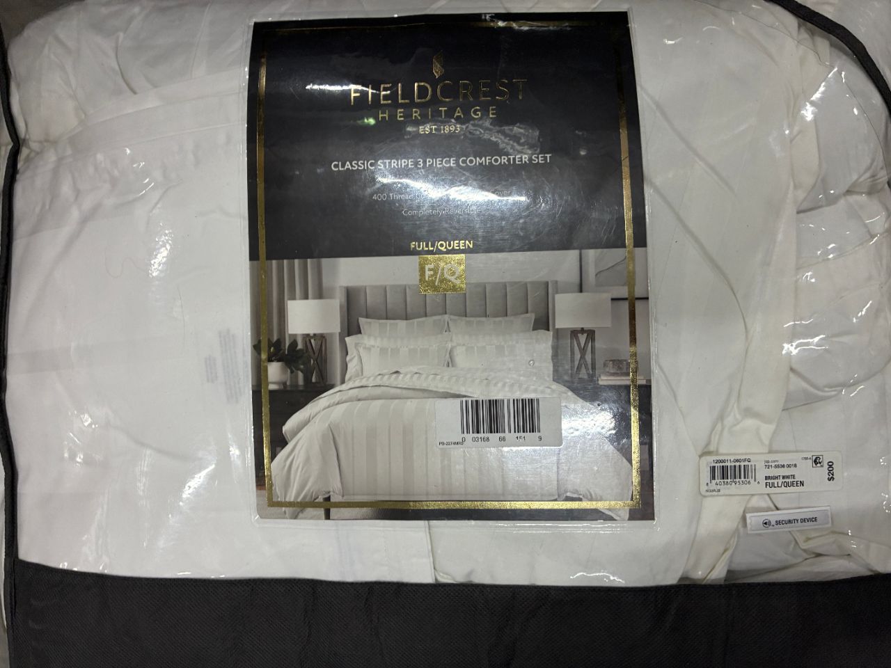 Fieldcrest Heritage Classic Stripe 3-Piece Comforter Set, 400 Thread Count 100% Cotton Cover, Full/Queen, Bright White