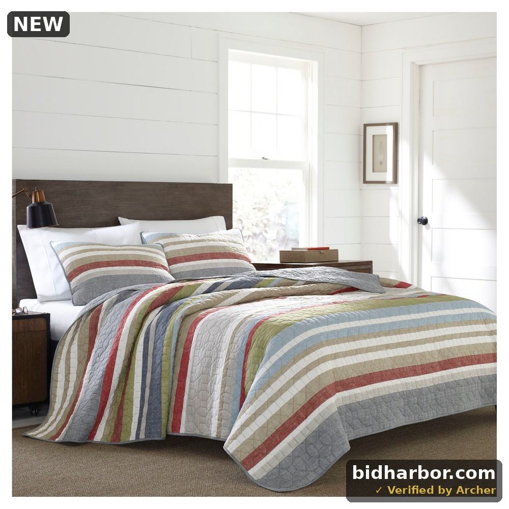 Eddie Bauer Salmon Ladder Stripe Quilt Set, Twin, Gray/Salmon