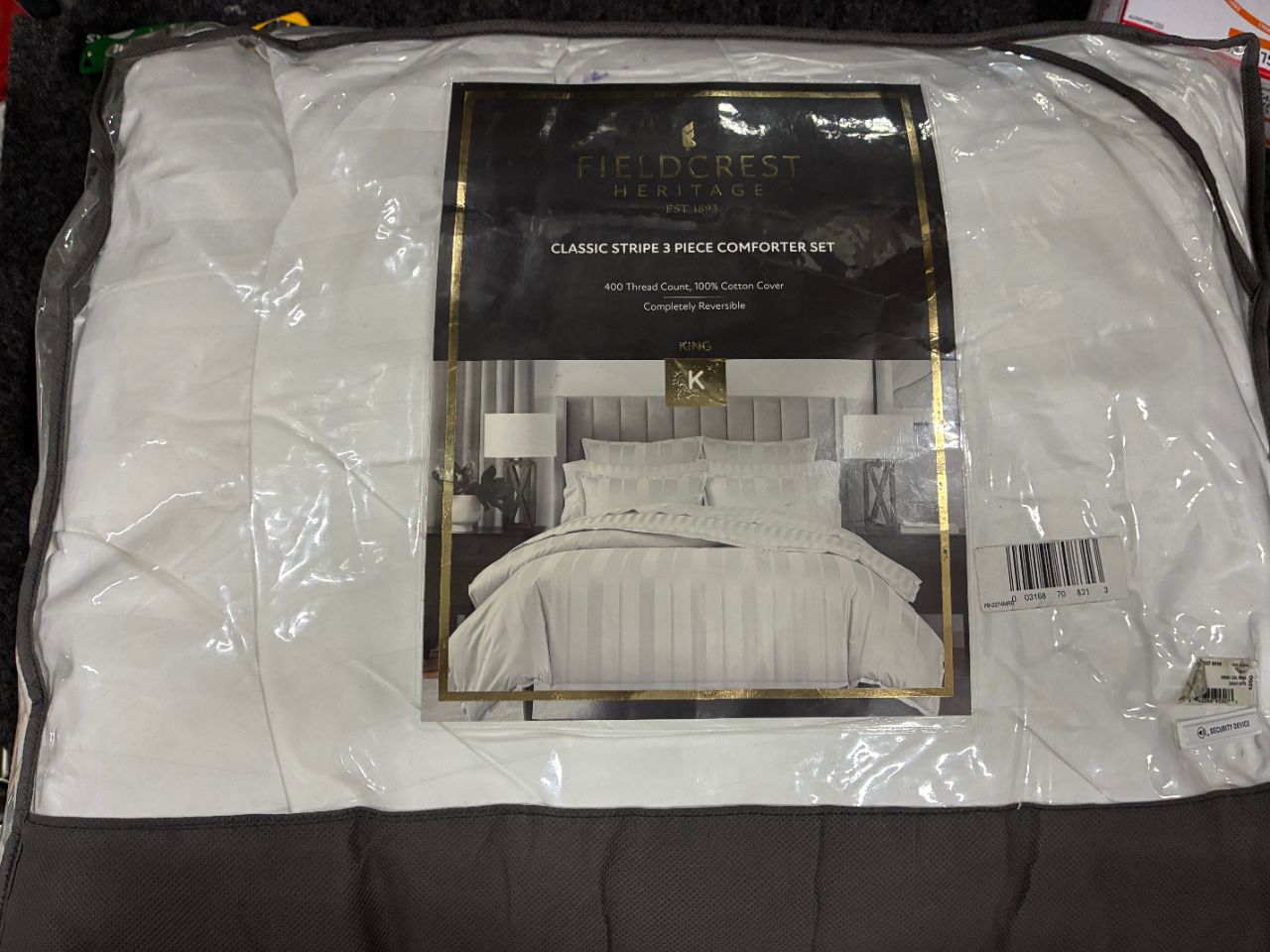 Fieldcrest Heritage Classic Stripe 3-Piece Comforter Set, 400 Thread Count 100% Cotton Cover, King, White