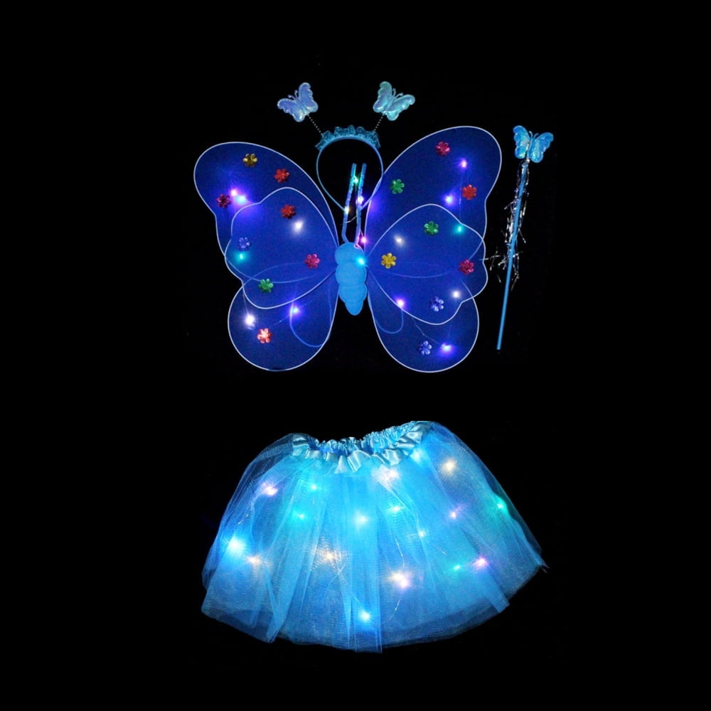 LED Children Costume Props Halloween Christmas gifts Fairy Princess Kids Costume Sets Butterfly Wings Wand Headband Tutu Skirt New Year Gifts for 3 4 5 6 7 8 Years Old Girls,Blue with Light