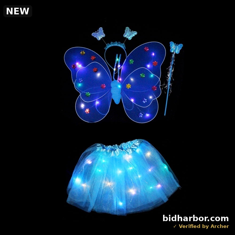 LED Children Costume Props Halloween Christmas gifts Fairy Princess Kids Costume Sets Butterfly Wings Wand Headband Tutu Skirt New Year Gifts for 3 4 5 6 7 8 Years Old Girls,Blue with Light