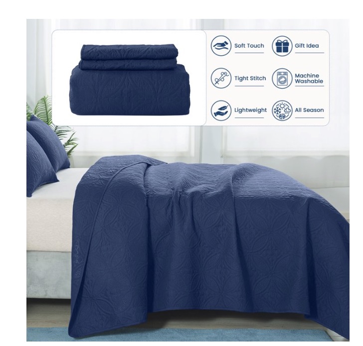 Quilt Set Twin Size - Lightweight Quilts Summer Bedspreads for All Season 2 Piece (1 Quilt 1 Pillow Sham) - Navy Blue