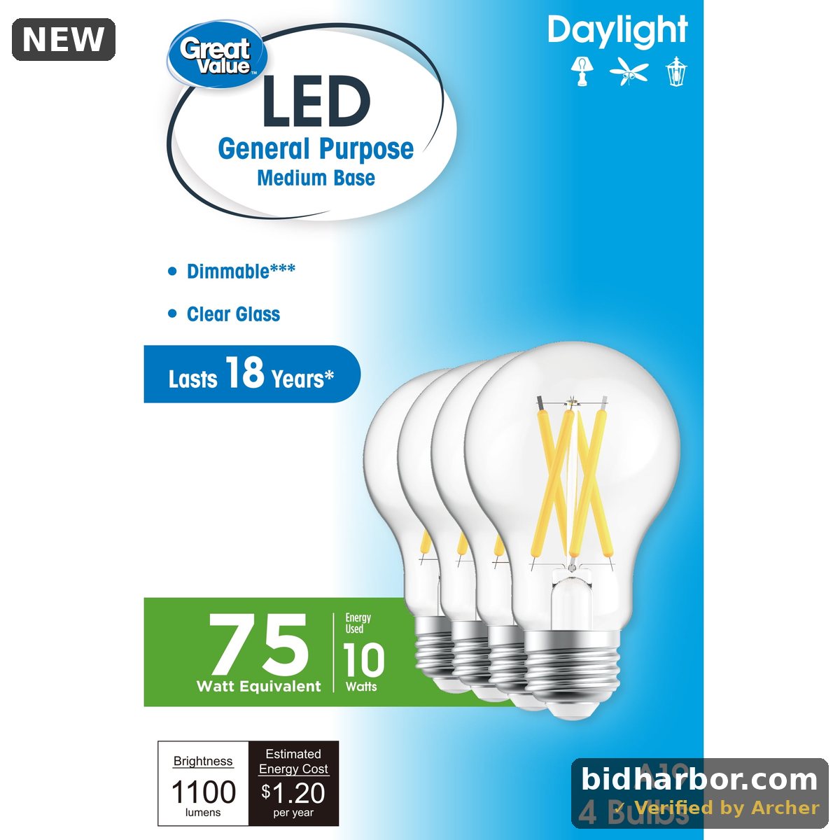 Great Value A19 LED Light Bulb 10W (75W Equivalent) Dimmable Daylight E26 Medium Base
