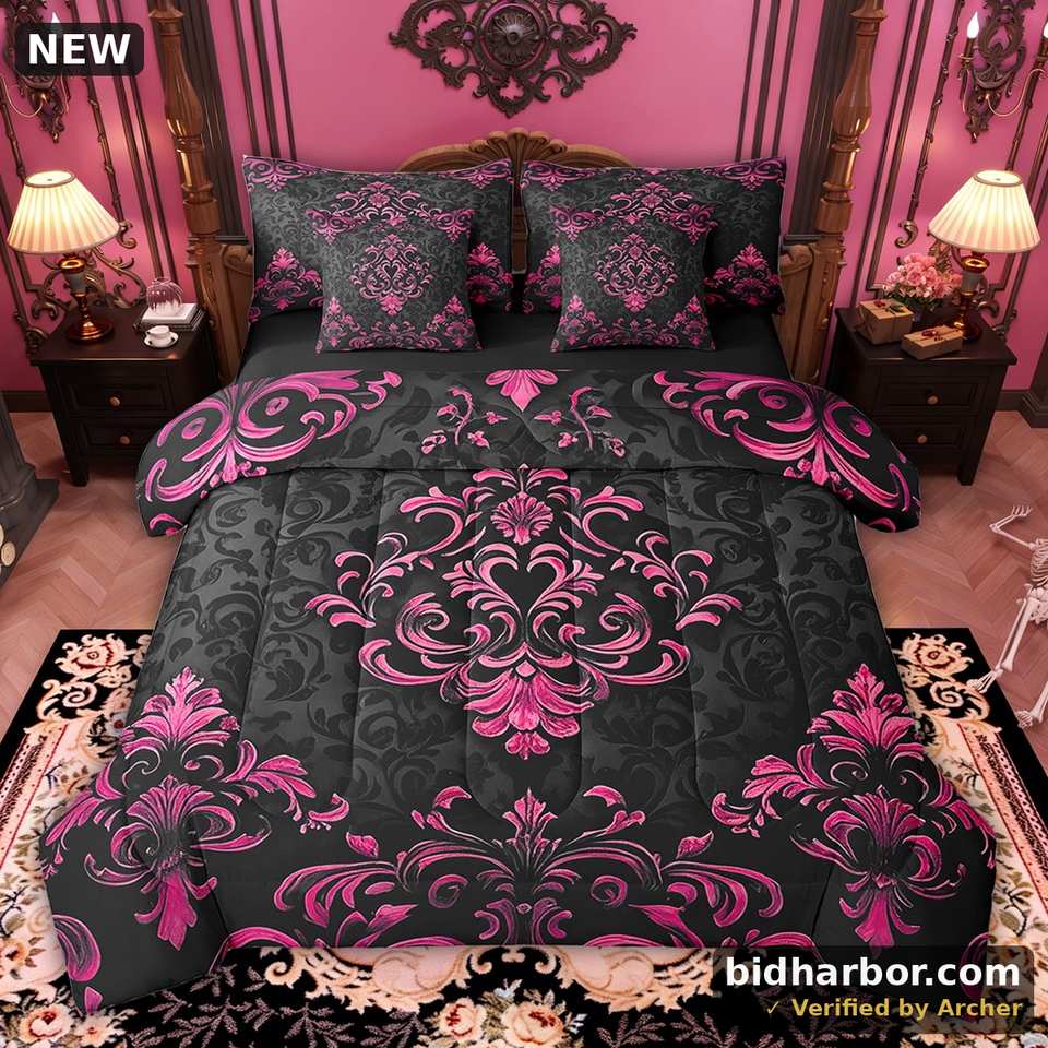 Manfei Pink Baroque Damask 7pcs Bedding Twin Size, Hippie Flower Floral Comforter Sets with Sheets, Vintage Victorian Bed Set, Breathable Bedroom Decorative