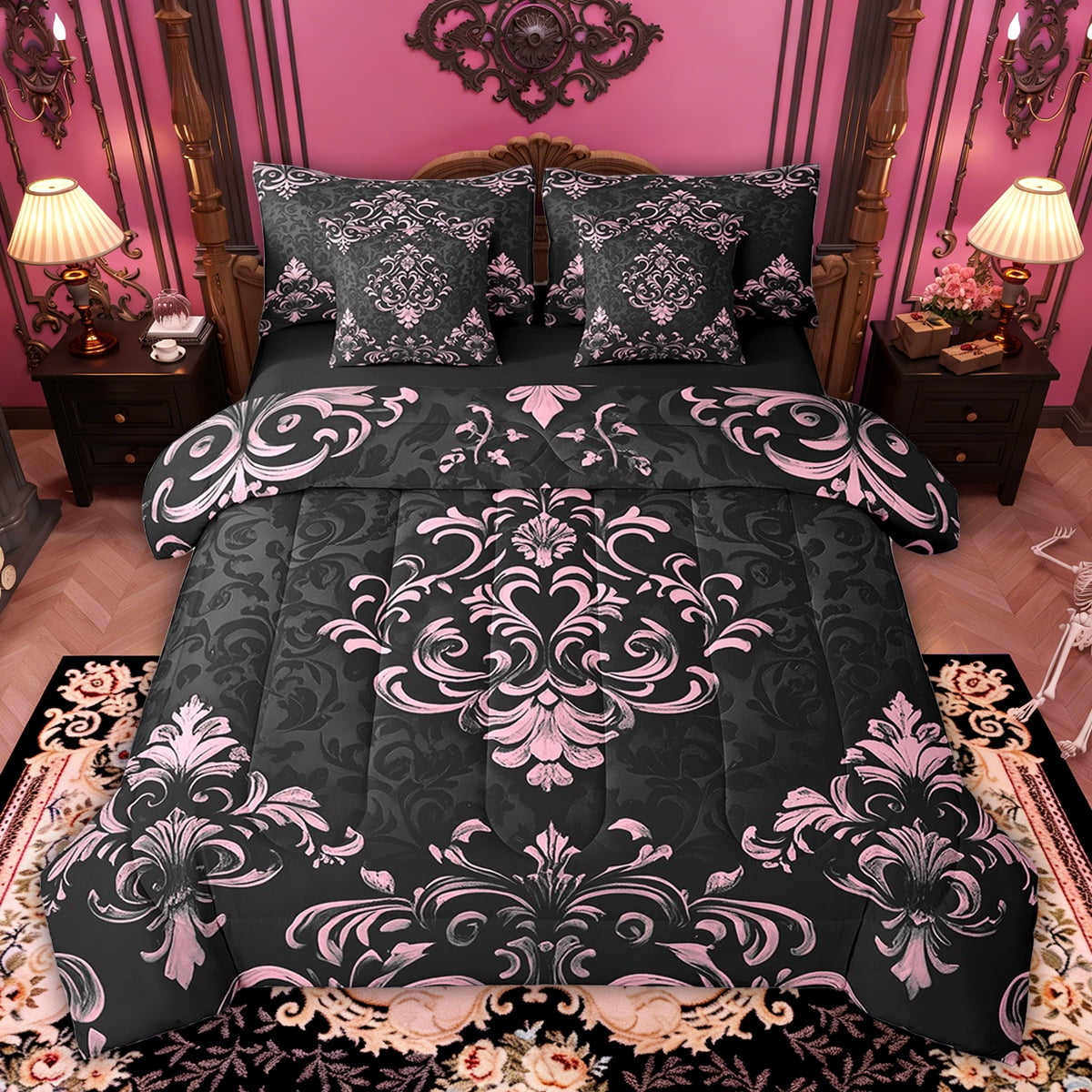 Manfei Bohemian Damask 7 Pieces Bed in a Bag Twin Size, Black Pink Bed Set, Victorian Flower Bed Sheets Setp with Comforter, Breathable Bedroom Decoration