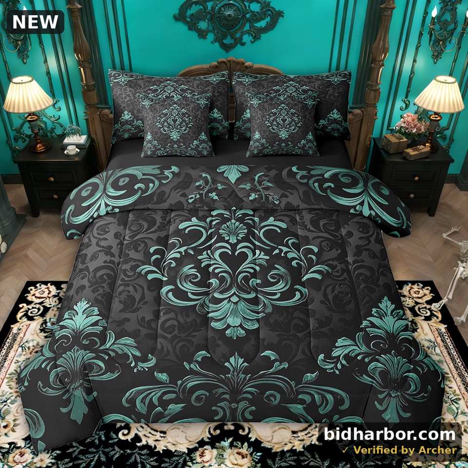 Manfei Teal Baroque Damask 7pcs Bedding Twin Size, Hippie Flower Floral Comforter Sets with Sheets, Vintage Victorian Bed Set, Breathable Bedroom Decorative