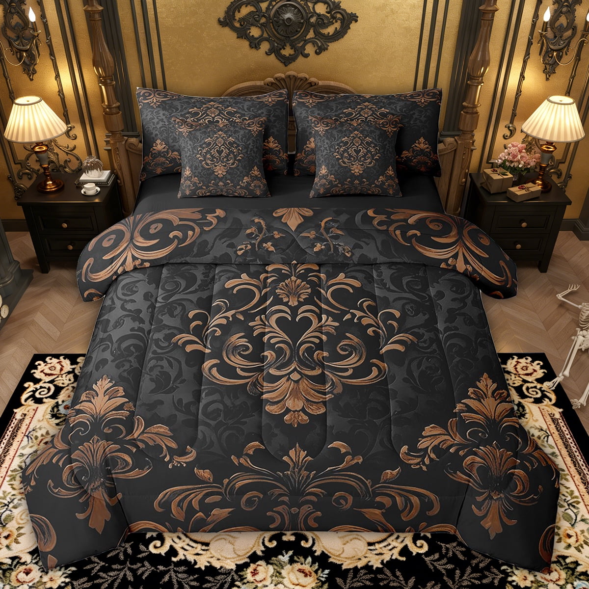 Manfei Bohemian Damask 7 Pieces Bed in a Bag Twin Size, Black Brown Bed Set, Victorian Flower Bed Sheets Setp with Comforter, Breathable Bedroom Decoration