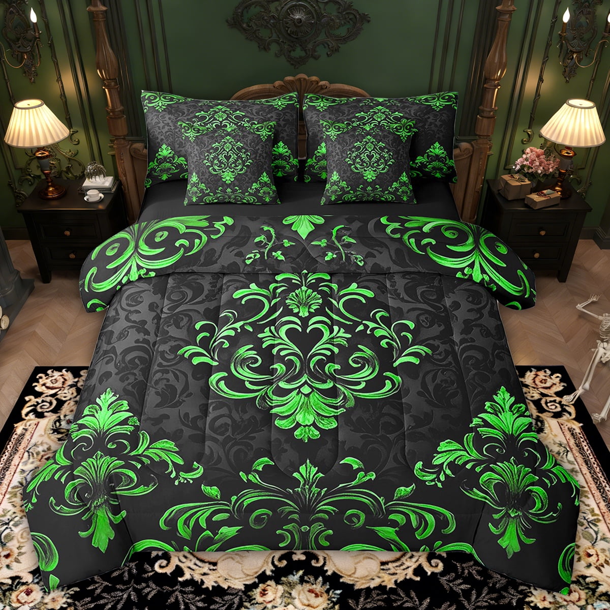 Manfei Victorian Damask 7 Pieces Bed in a Bag Twin Size, Vintage Baroque Floral Bed Set, Black Green Bed Sheets Setp with Comforter, Breathable Bedroom Decor