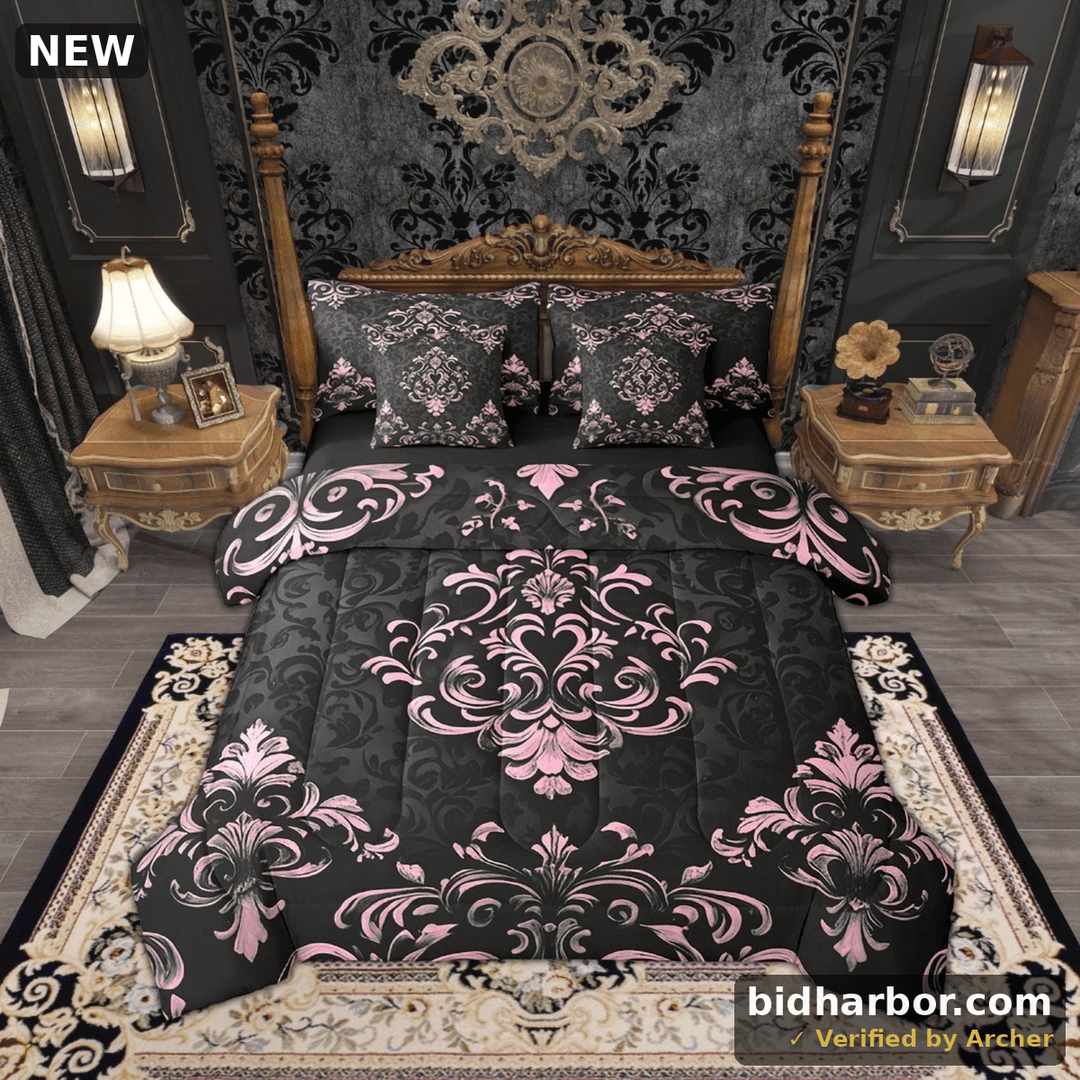 Manfei Bohemian Damask 7pcs Bedding Full Size, Black Pink Comforter Sets with Sheets, Victorian Flower Bed Set, Breathable Bedroom Decoration