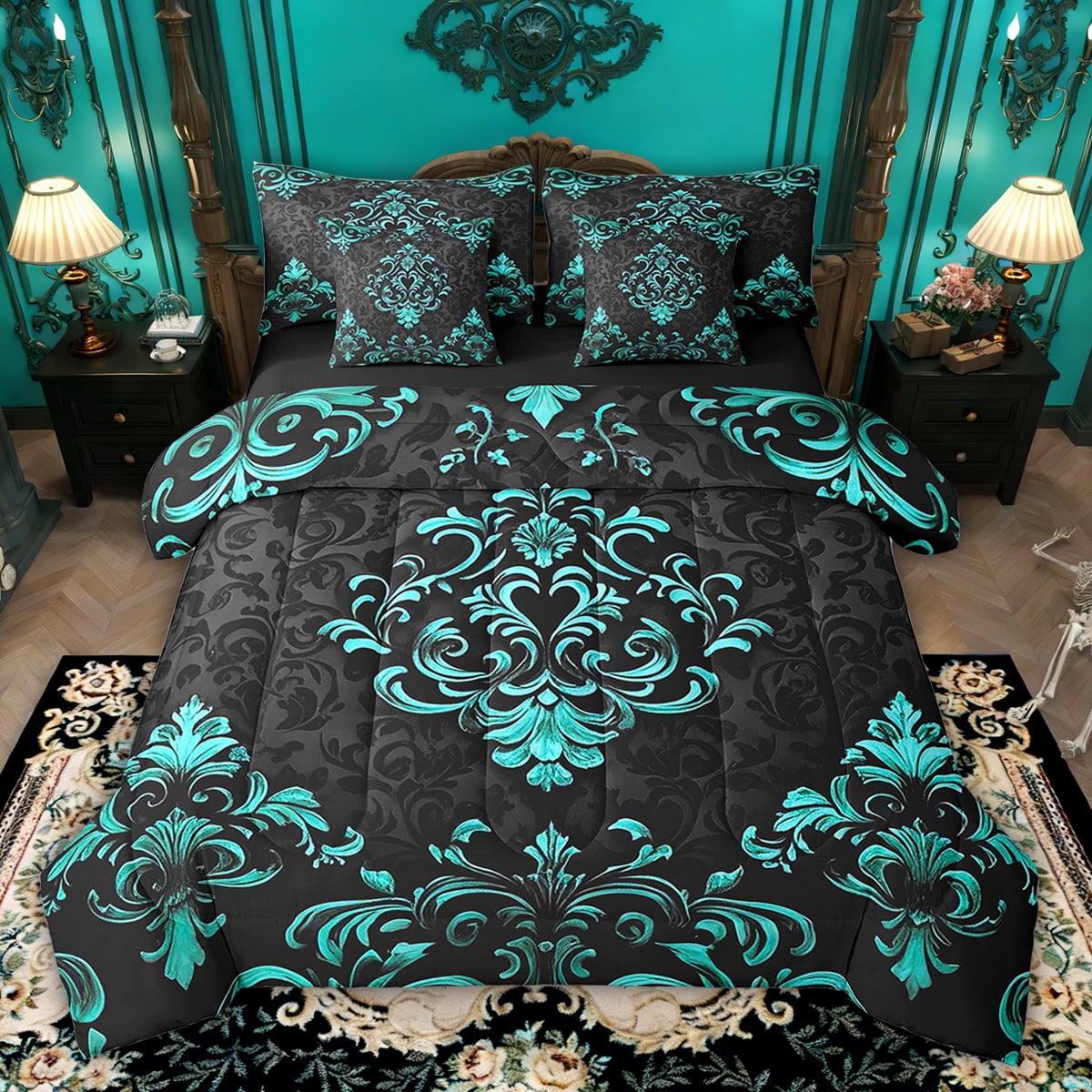 Manfei Bohemian Damask 7 Pieces Bed in a Bag Twin Size, Black Cyan Bed Set, Victorian Flower Bed Sheets Setp with Comforter, Breathable Bedroom Decoration