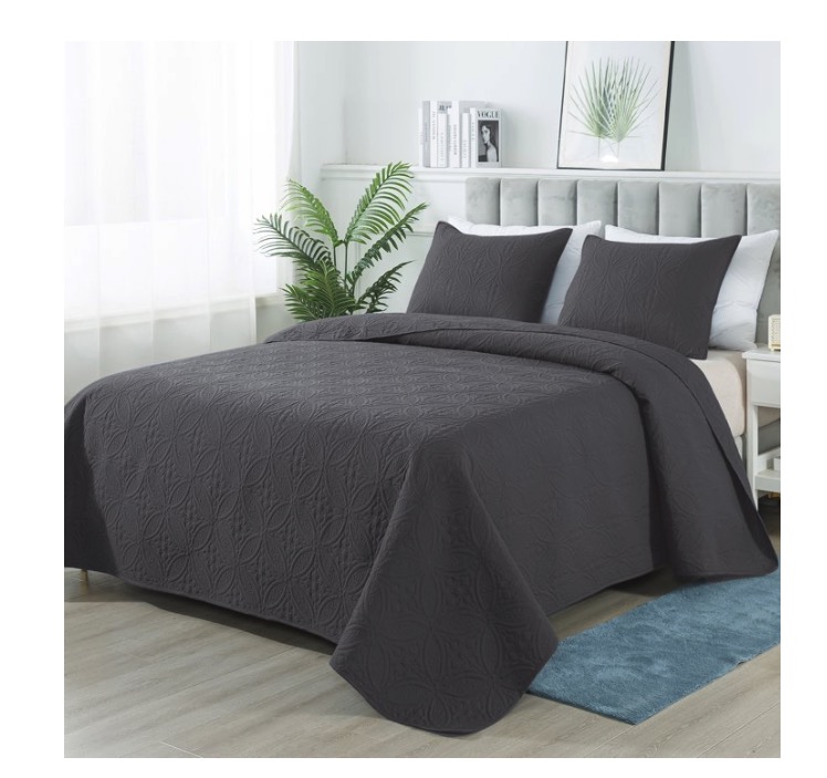 Quilt Set Queen Size - Lightweight Quilts Summer Bedspreads for All Season 3 Piece (1 Quilt, 2 Pillow Shams) - Dark Grey